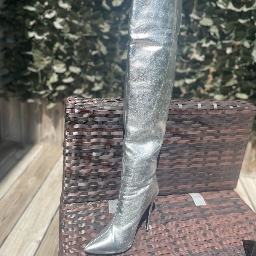 Silver Faux Leather Pointed High Heel Over The Knee Boot